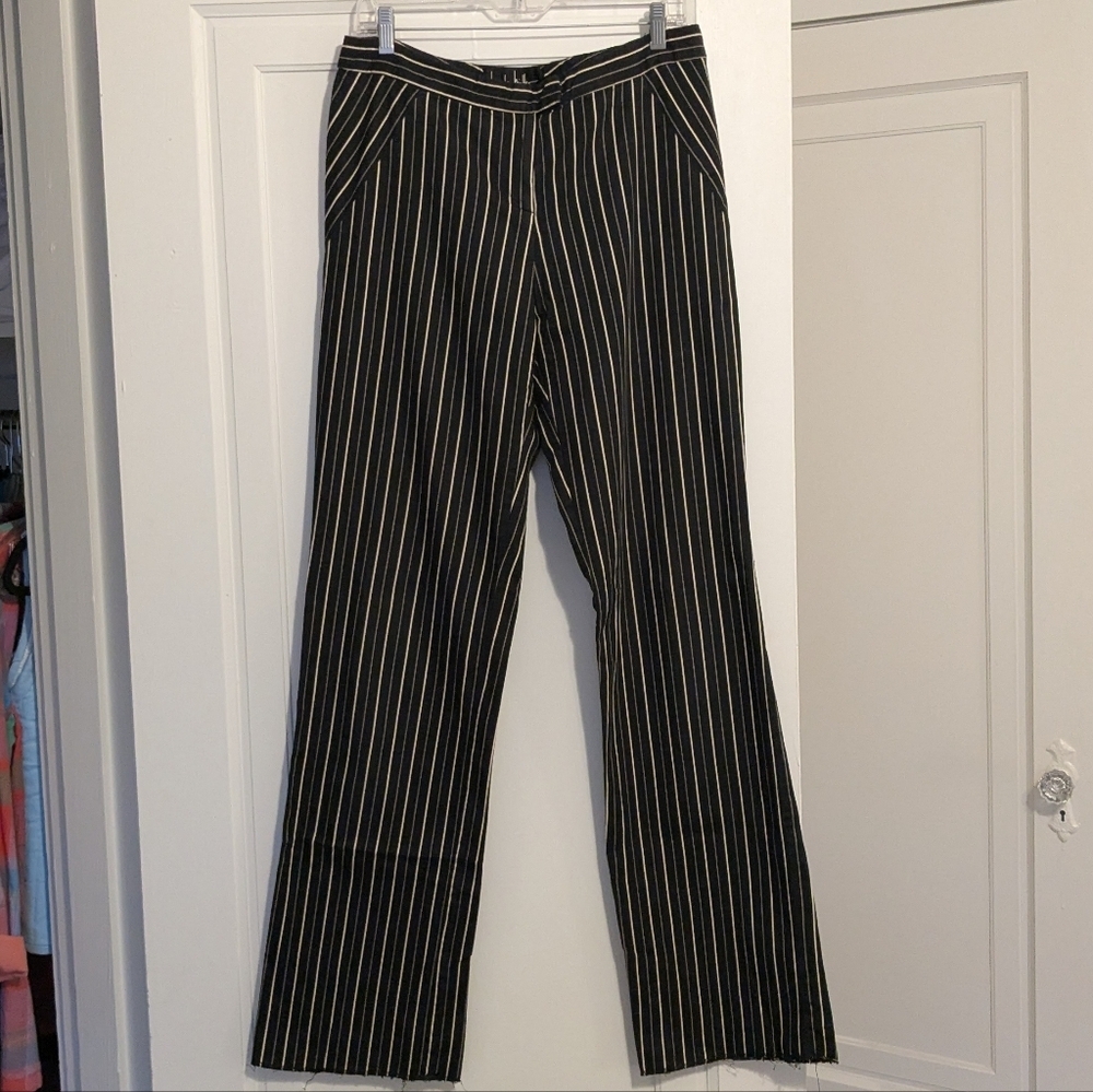 Nicole Miller Y2K Low Rise Black White Beige Striped Pants Long 12 Addams Family